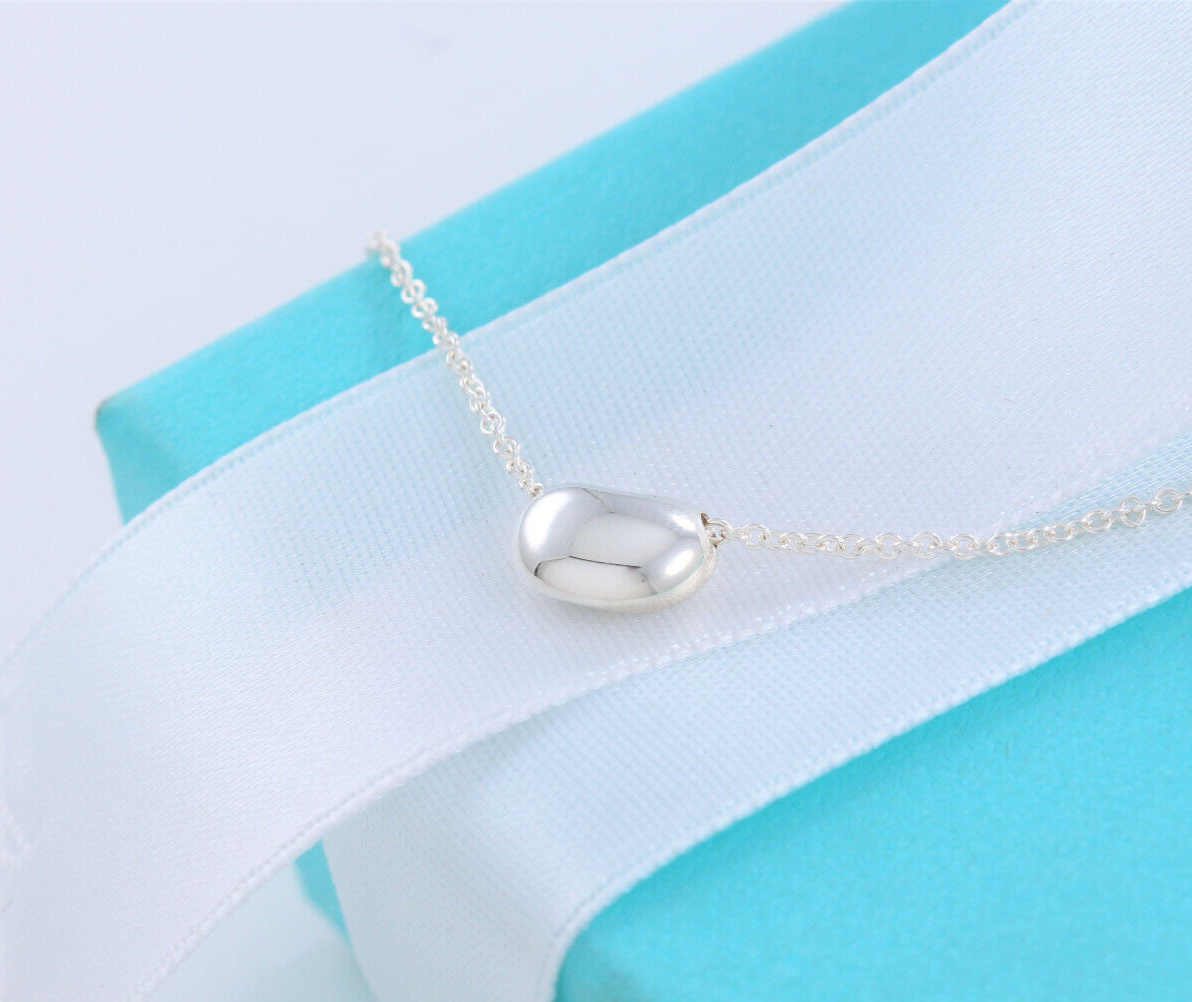 Boxed Tiffany & Co Silver Elsa Peretti 9mm Bean Pendant 17.5" Necklace Box Pouch