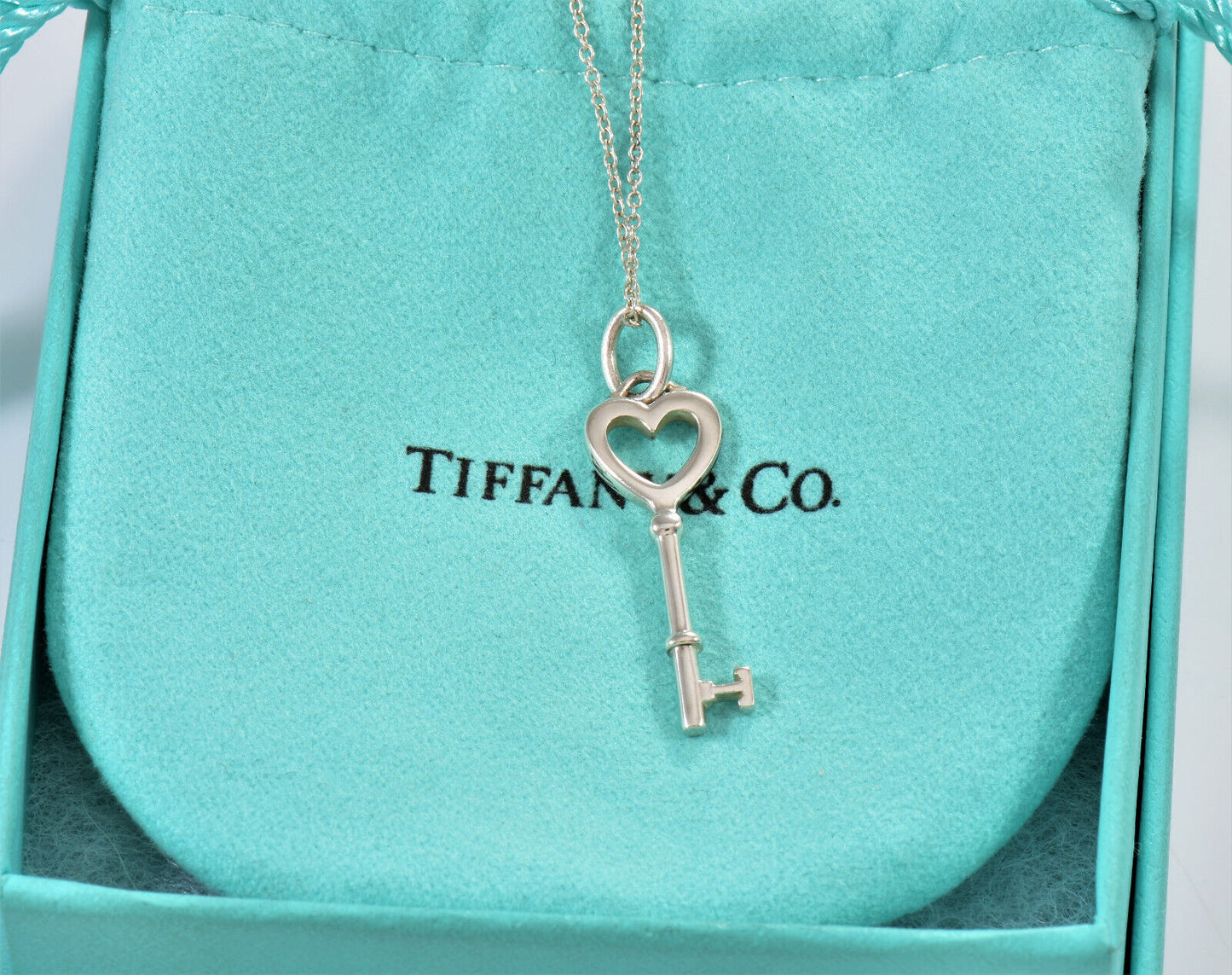 Tiffany & Co Silver Small 1.25" Heart Key Pendant 16.25" Chain Necklace in Pouch