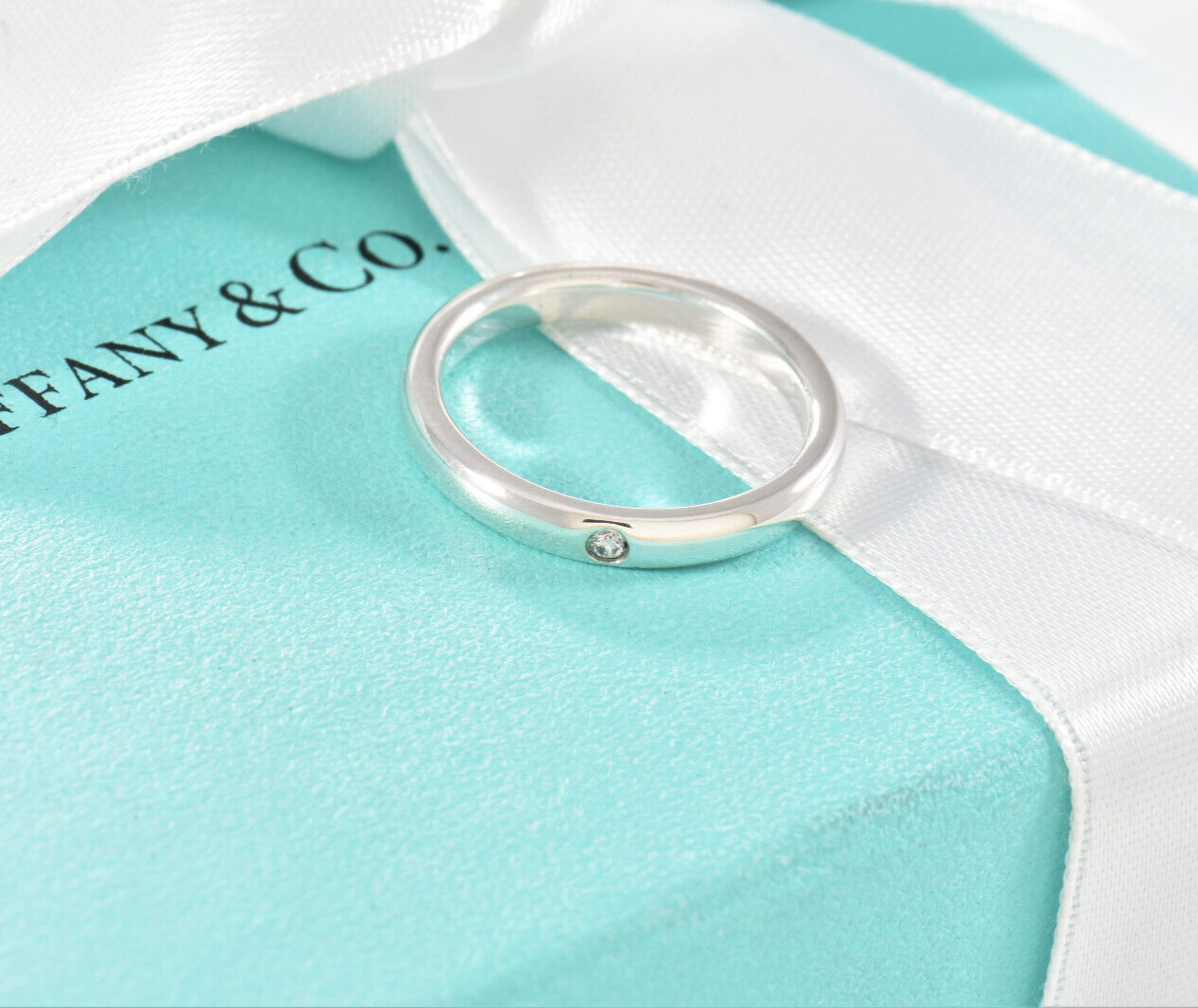 Tiffany & Co Sterling Silver Elsa Peretti Diamond Stack Ring Size 7.5 in Pouch