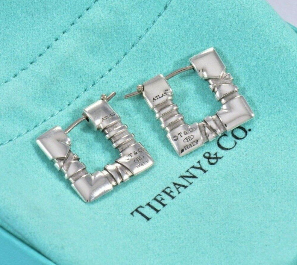 Tiffany & Co Sterling Silver Atlas Square Hoop Earrings in Pouch Roman Numeral