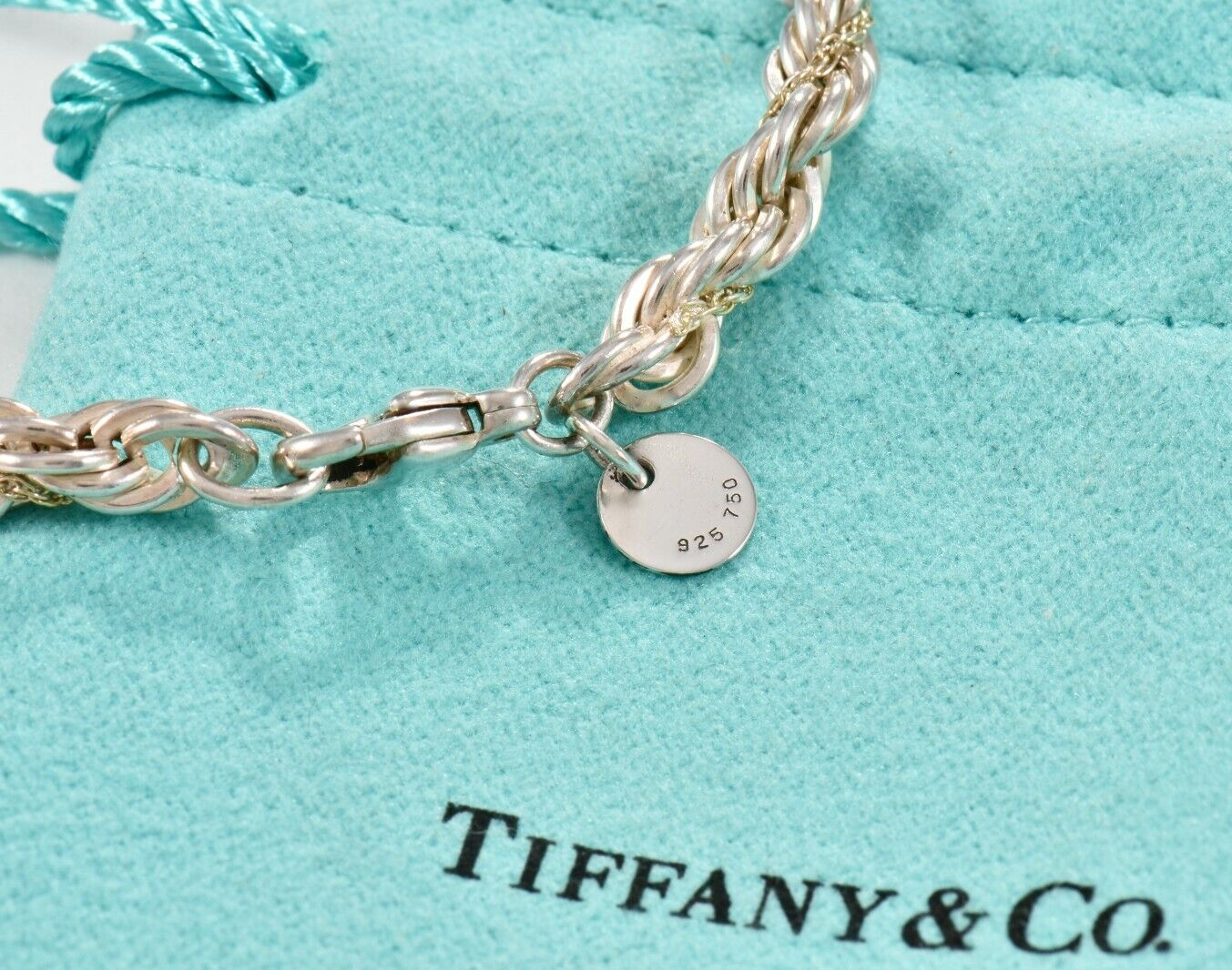 Vintage Tiffany & Co Silver 18K Yellow Gold Rope Chain 7.25" Bracelet in Pouch