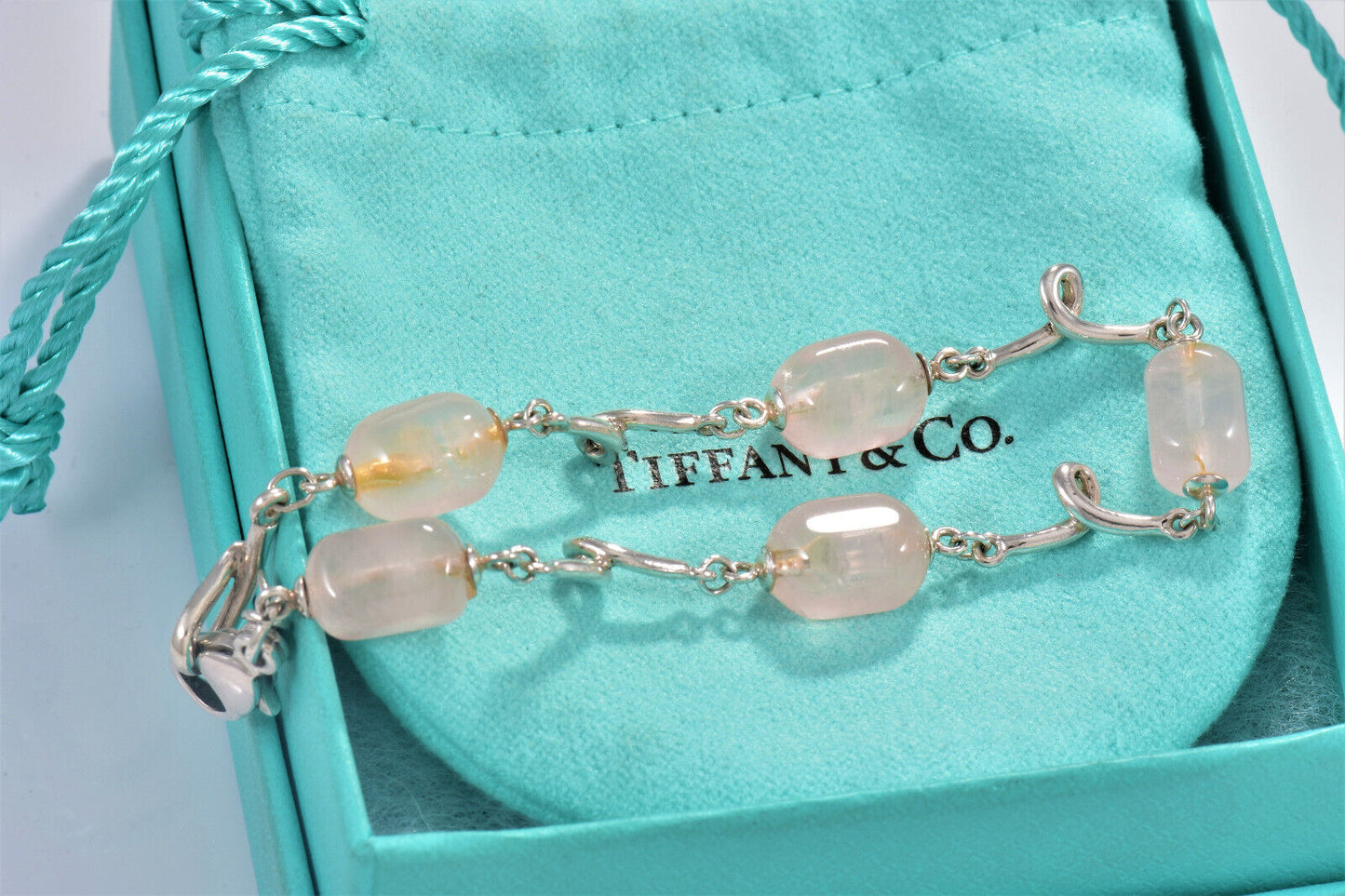 Tiffany & Co Silver Pink Rose Quartz Bead 7.25" Bracelet Twist Link & Pouch Rare