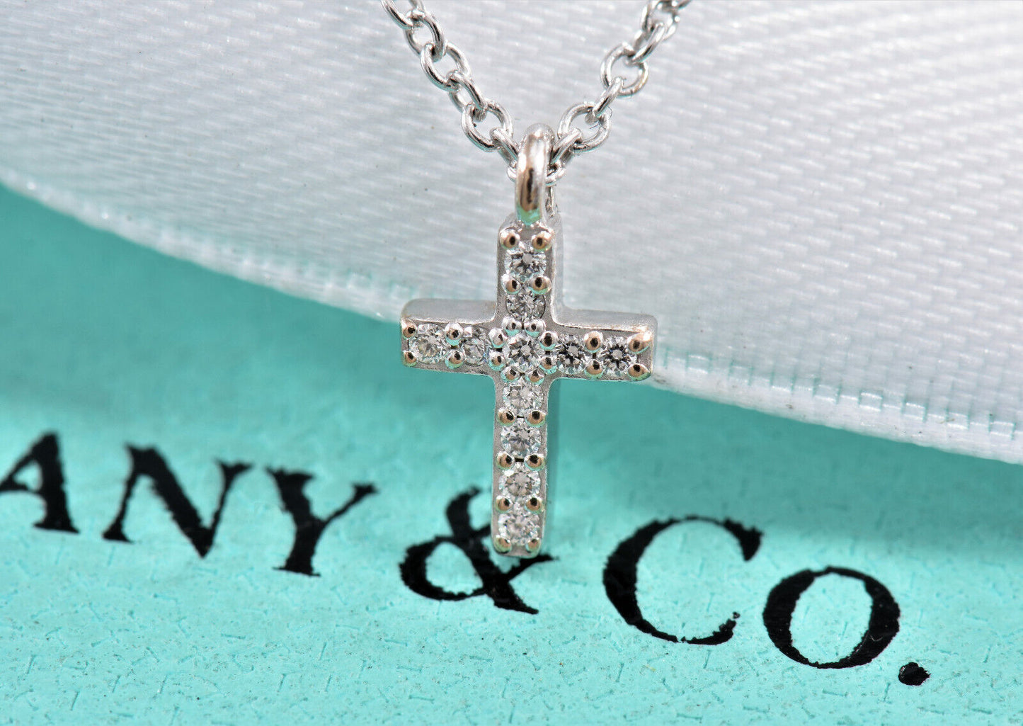 Tiffany & Co Diamond 18K White Gold Mini Metro Cross Pendant 17" Necklace Boxed