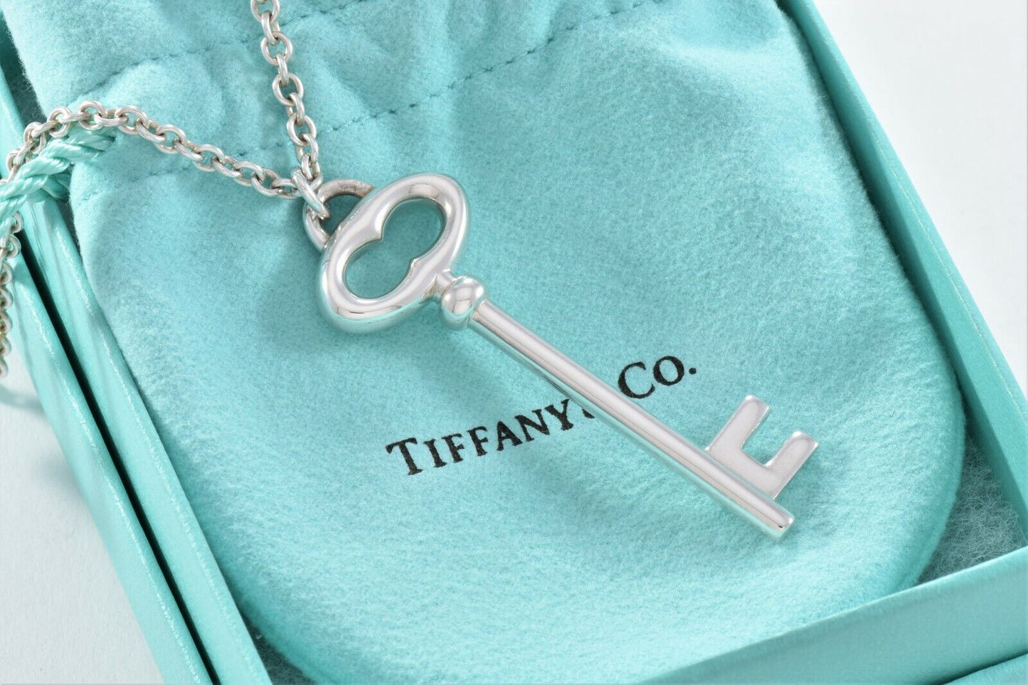 Tiffany & Co Silver Large 2" Oval Key Charm Pendant 16.25" Chain Necklace in Box