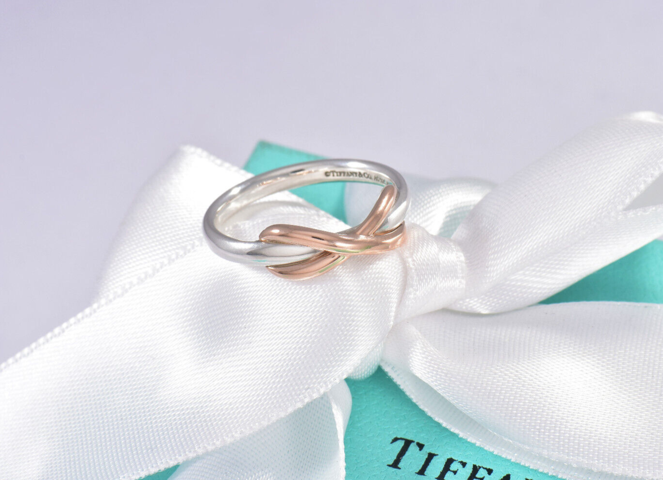 Tiffany & Co 18k Rose Gold Silver Infinity Knot Ring Size 6 in Box Narrow Band