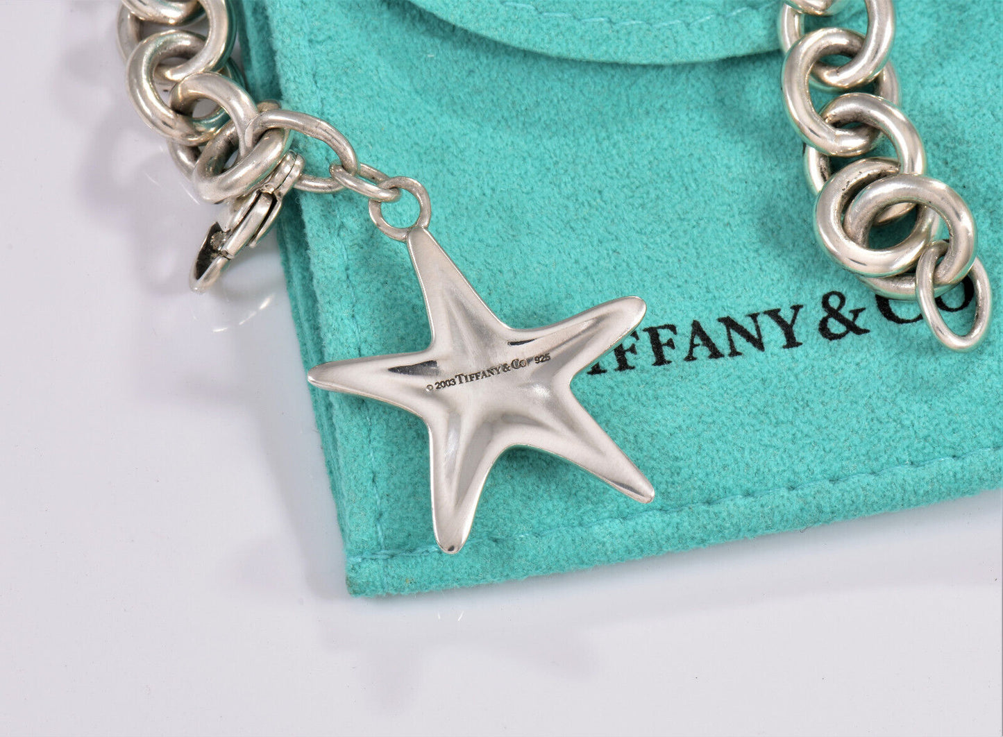 Tiffany & Co Sterling Silver Turquoise Starfish Charm 8" Chain Bracelet Pouch XL