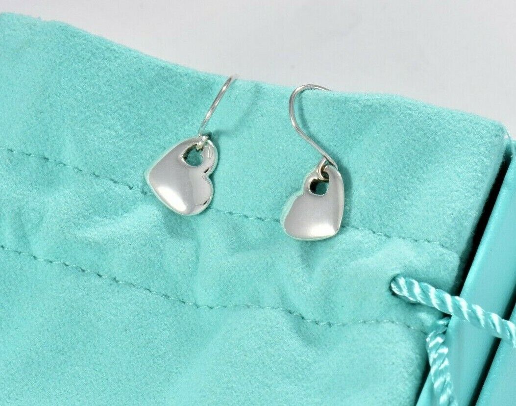 Tiffany & Co Silver Double Heart Stencil Dangle Earrings in Pouch Lovely Puff