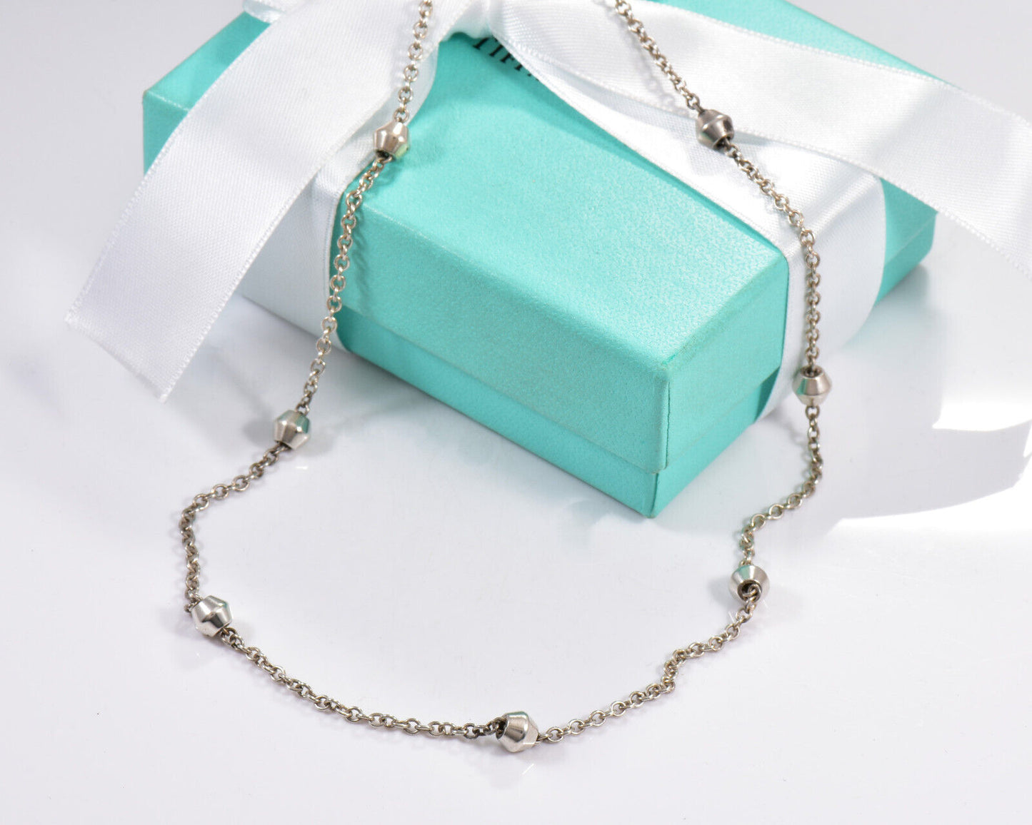 Tiffany & Co Silver Bead By Yard Barrel Ball Station Necklace 16.25" in Pouch