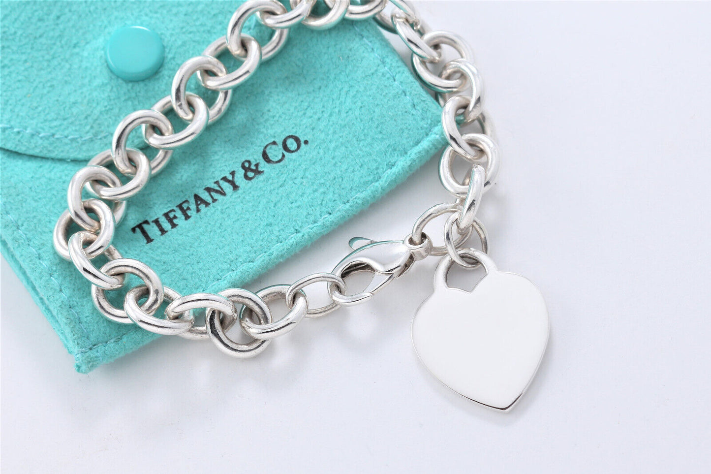 Tiffany & Co Silver Blank Engraveable Heart Tag Charm Bracelet 8" Chain Link