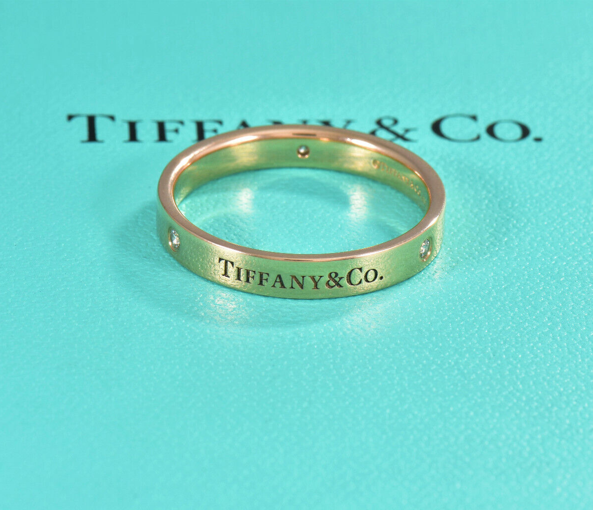 Tiffany & Co Rose Gold Three Diamond 4mm Band Ring Size 12.5 in Box Pouch Lovely