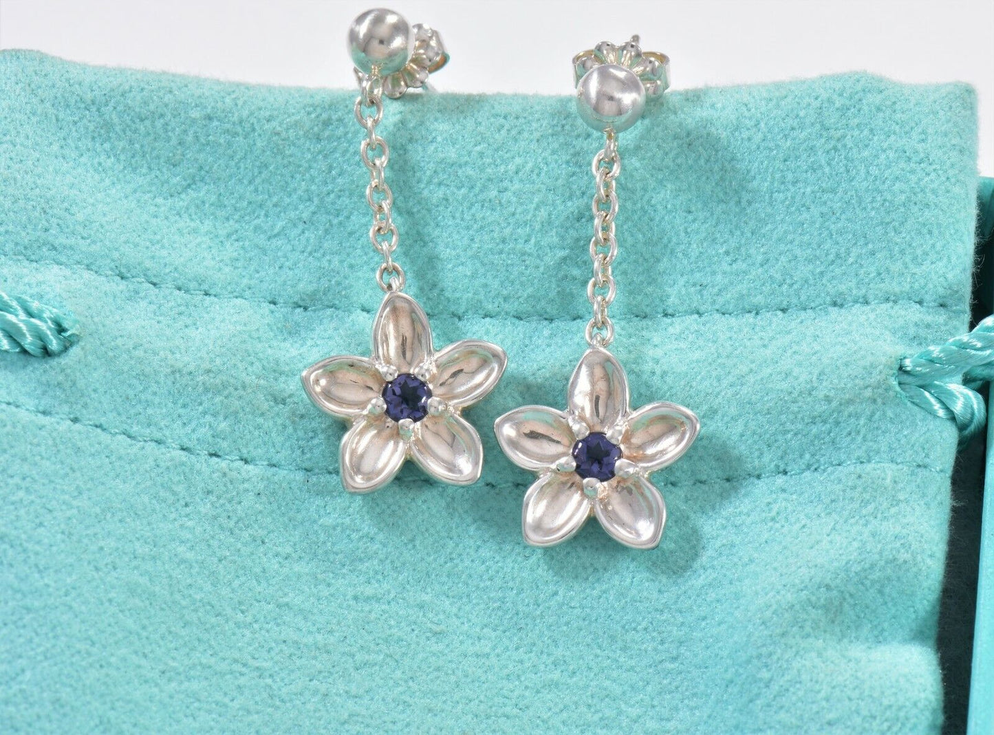 Tiffany & Co Silver Purple Iolite Gem Flower Dangle Earrings & Pouch Rare Lovely