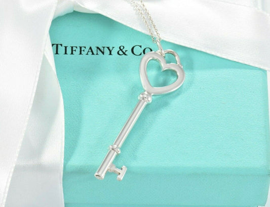 Tiffany & Co Silver Large 2" Heart Key Charm Pendant 16.25" Chain Necklace Pouch