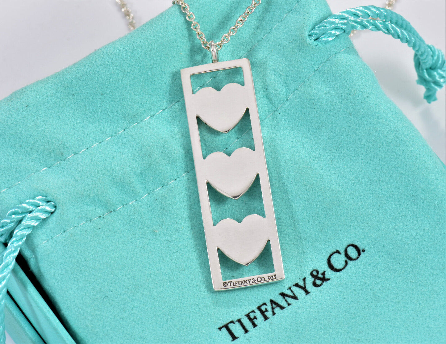 Tiffany & Co Sterling Silver Three Heart Bar Pendant 16" Necklace in Pouch Rare