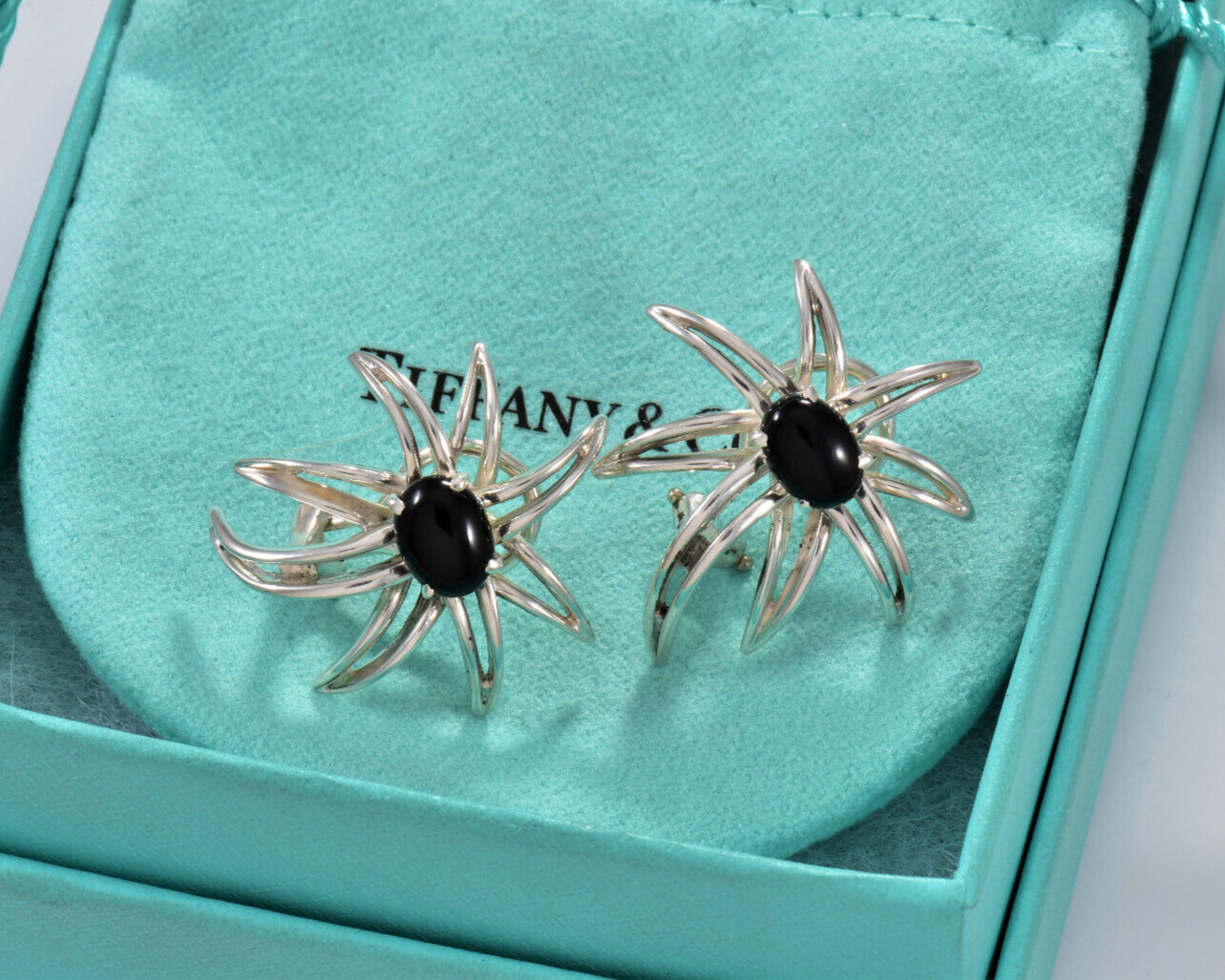 Vintage Tiffany & Co Silver Black Onyx Fireworks Clip On Earrings in Pouch Gem