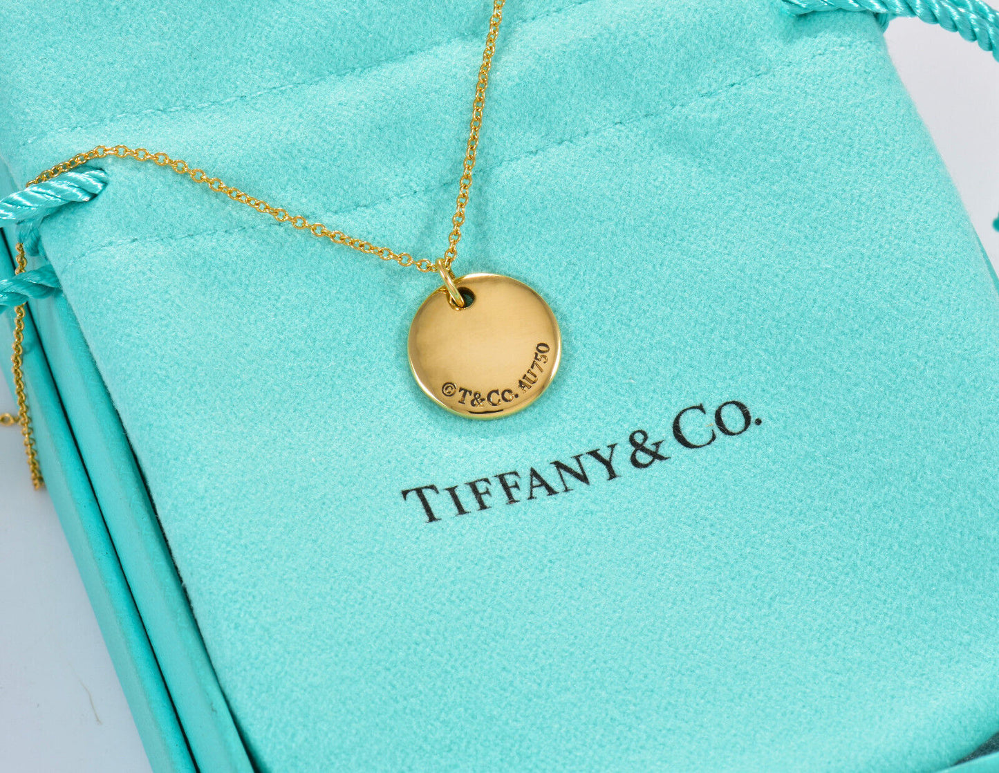 Tiffany & Co 18K Yellow Gold Circle Notes Letter C Disc Pendant 18" Necklace Box