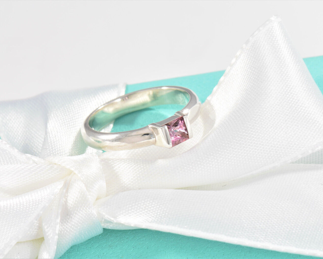 Tiffany & Co Sterling Silver Pink Sapphire Square Stack Band Ring Size 6 Boxed