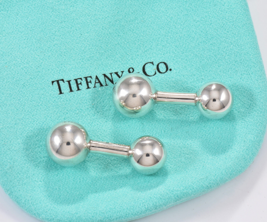 Tiffany & Co Silver Bar Bell Ball Cufflinks in Pouch for Men Suit Pilot Tuxedo