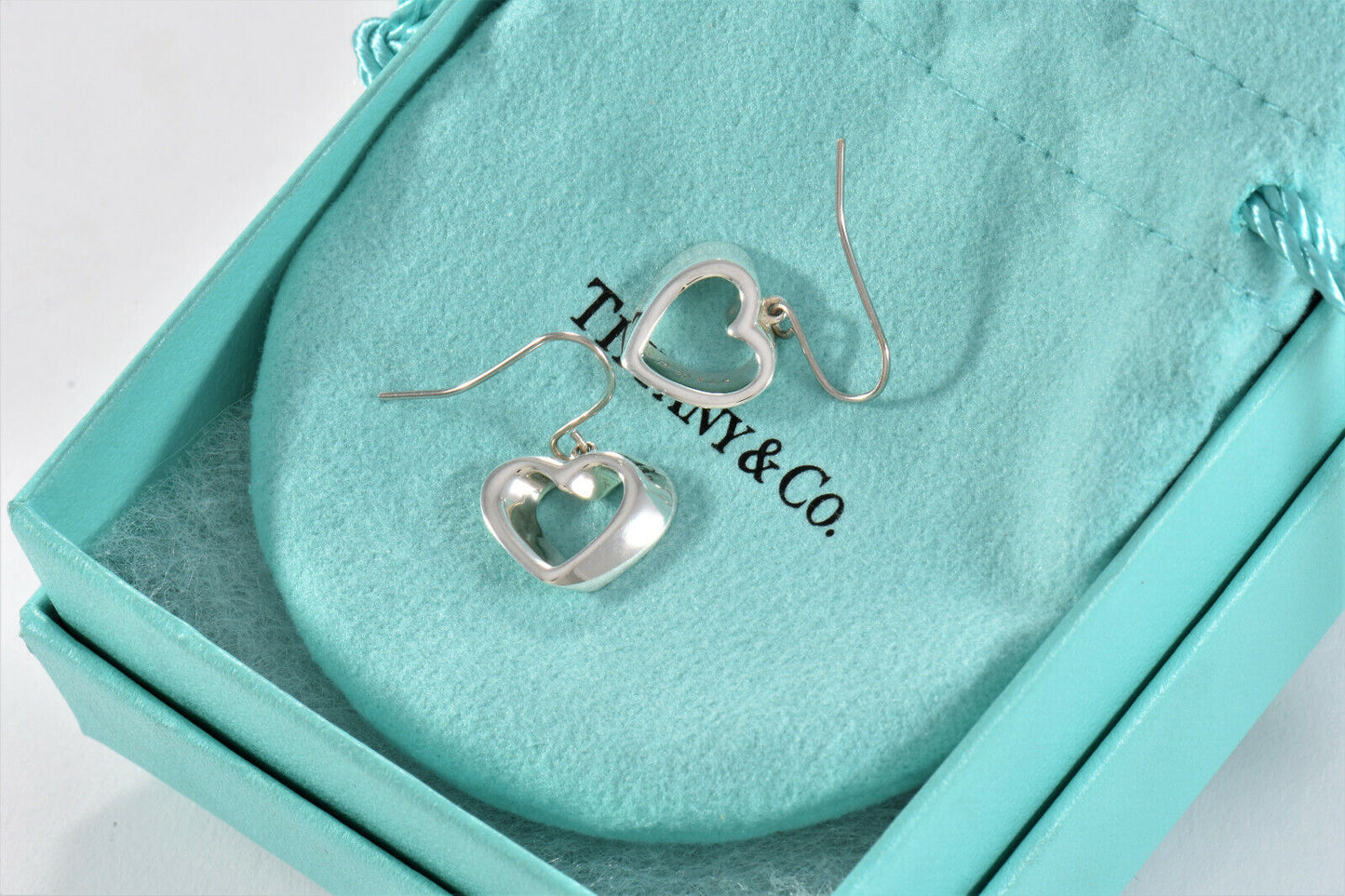 Tiffany & Co Silver Geometric 3D Heart Stencil Dangle Hook Earrings in Pouch