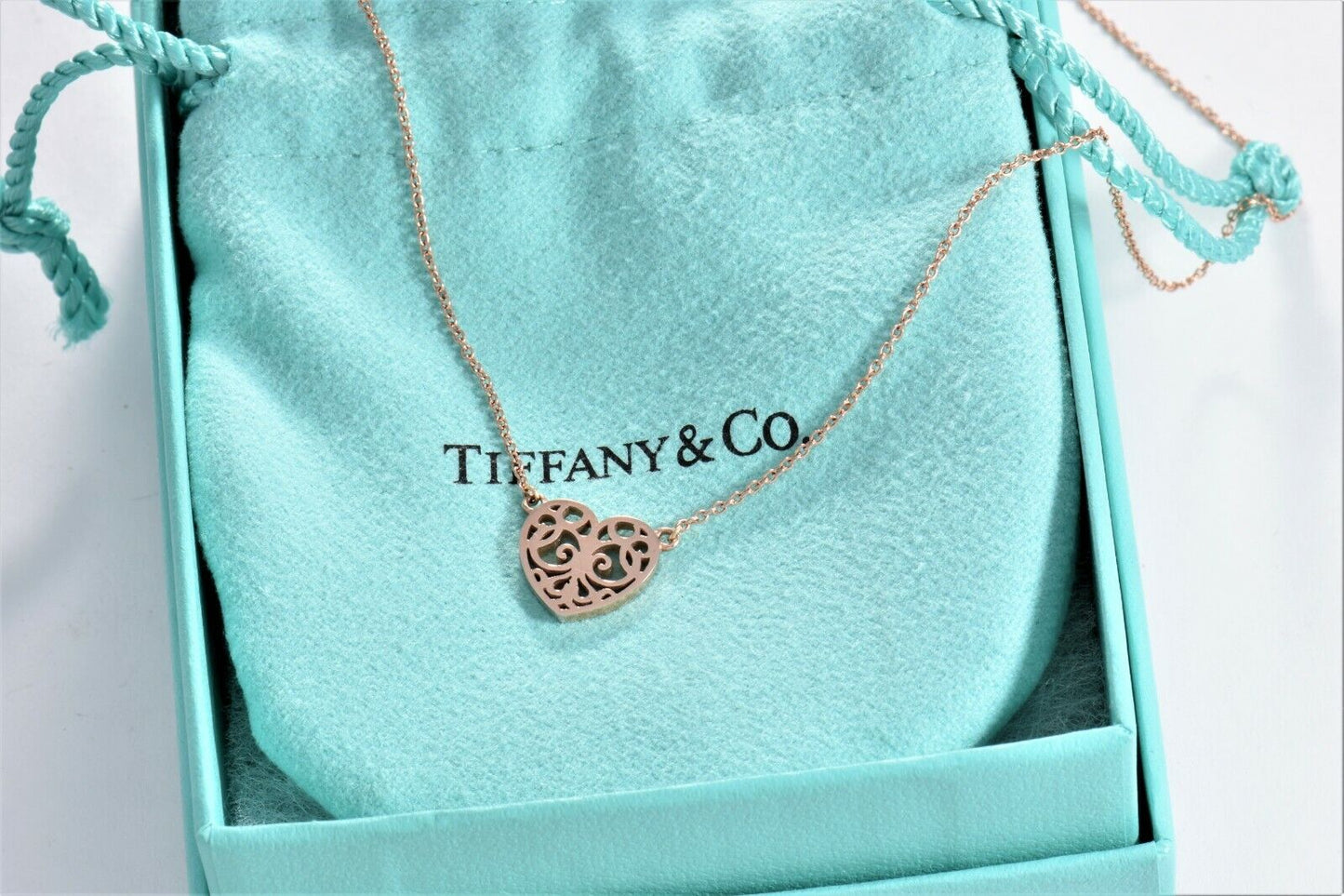 Tiffany & Co Rubedo Gold Metal Enchant Scroll Small Heart 16" Necklace Box Pouch