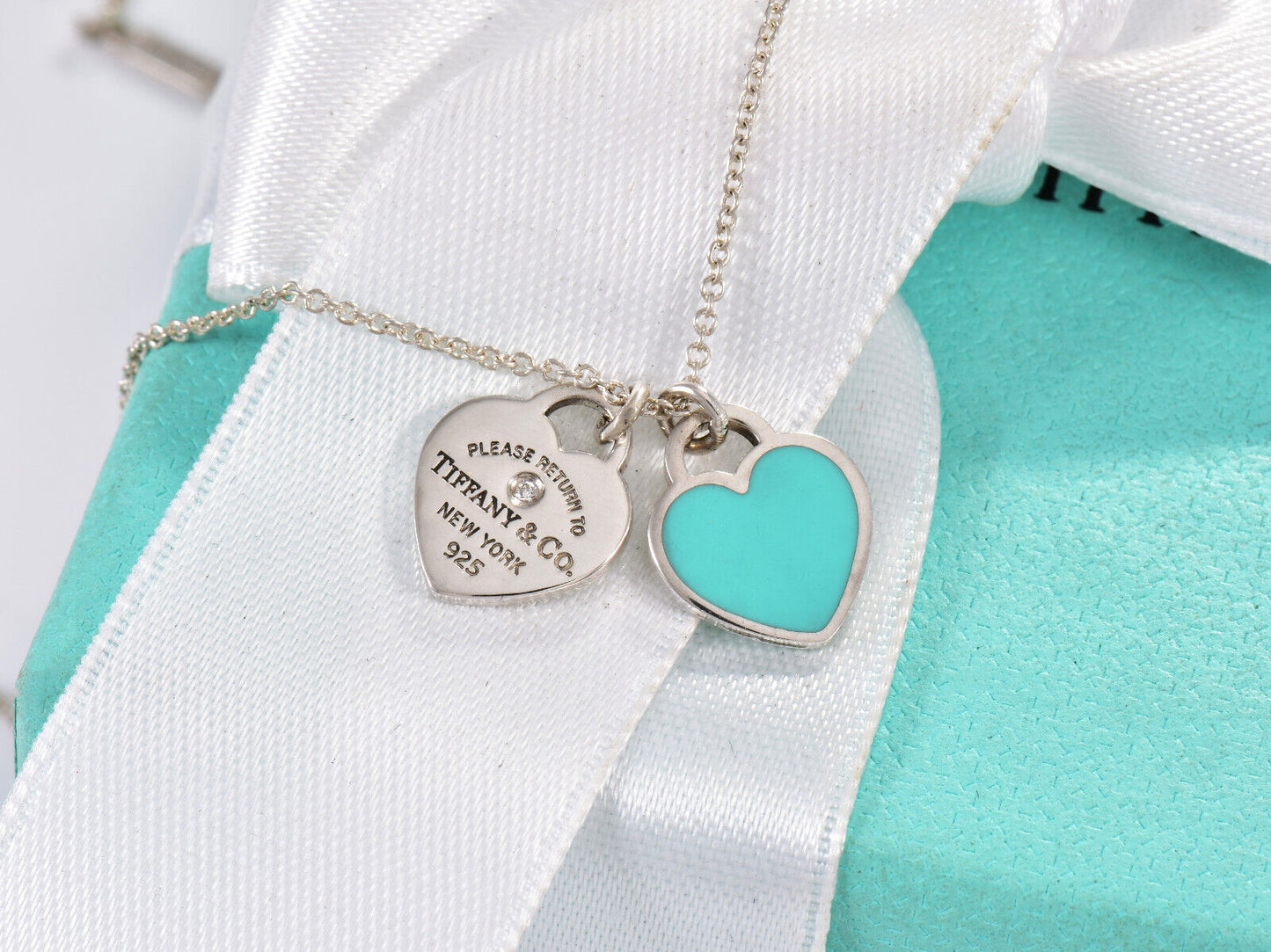 Return Tiffany & Co Diamond Silver Mini Double Heart Blue Enamel Necklace in Box