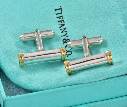 Tiffany & Co 18k Gold Silver Bar Coil Cufflinks in Pouch Mens Suit Pilot Rare