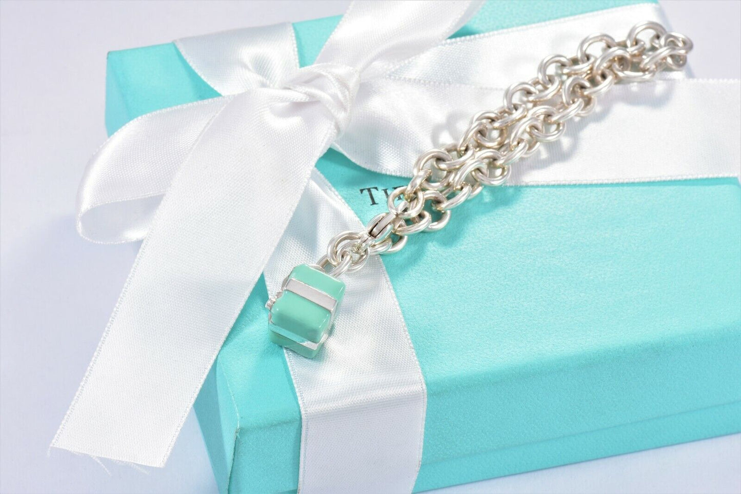 Tiffany & Co Sterling Silver Blue Enamel Gift Box Bracelet in Pouch Rare Present