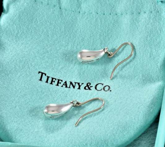 Tiffany & Co Silver Elsa Peretti Dangling Teardrop Hook Earrings in Pouch Lovely