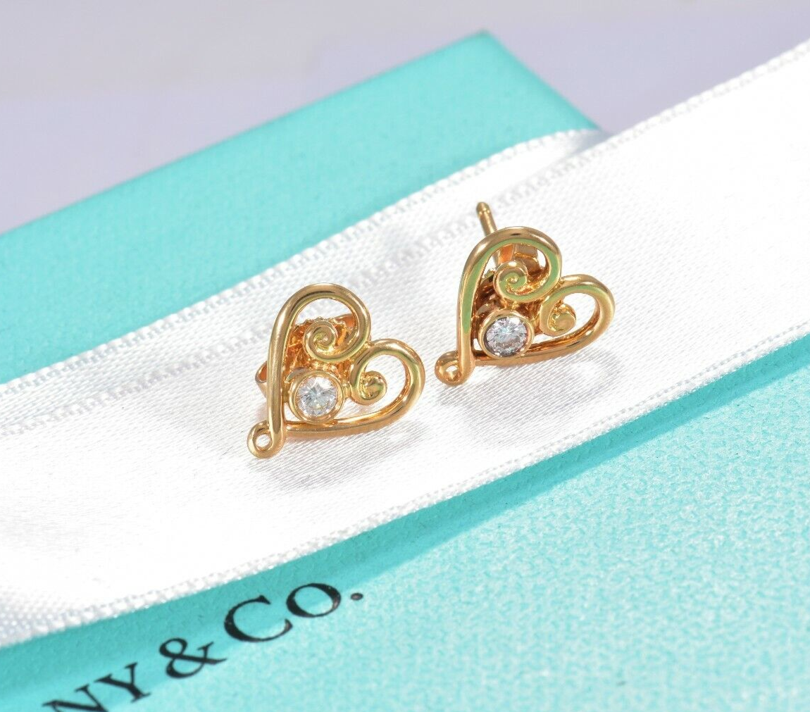 Tiffany & Co Diamond 18K Yellow Gold Picasso Venezia Goldoni Heart Earrings Box