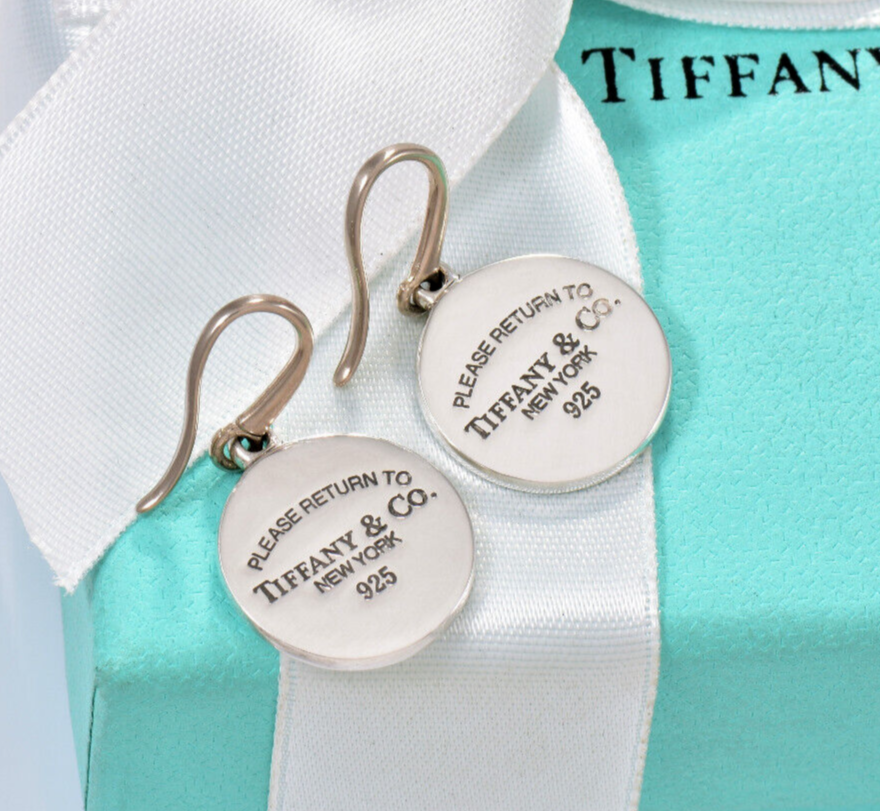 Please Return To Tiffany & Co Silver Round Disk Circle Hook Earrings & Box Pouch