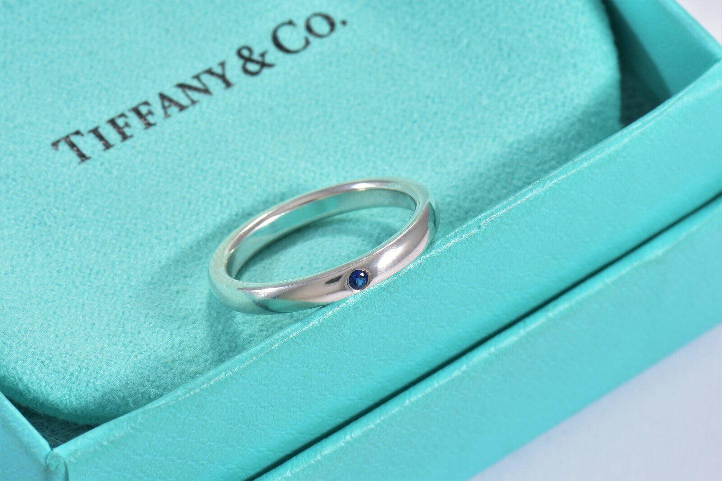 Tiffany & Co Silver Elsa Peretti Blue Sapphire Stack Ring Size 6.5 in Pouch Rare