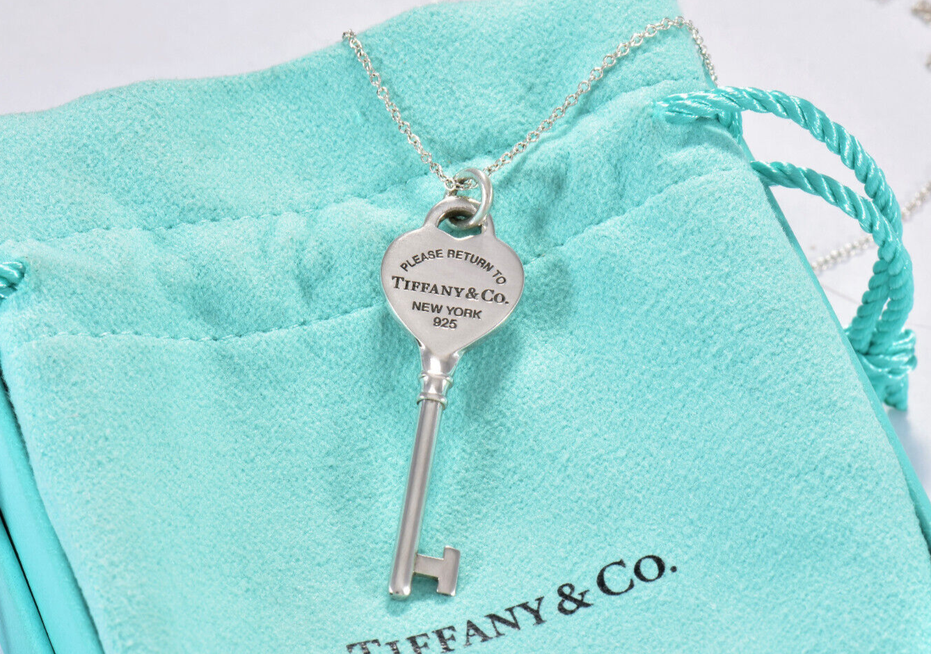 Please Return To Tiffany & Co Sterling Silver Heart Key 16.5" Necklace in Pouch