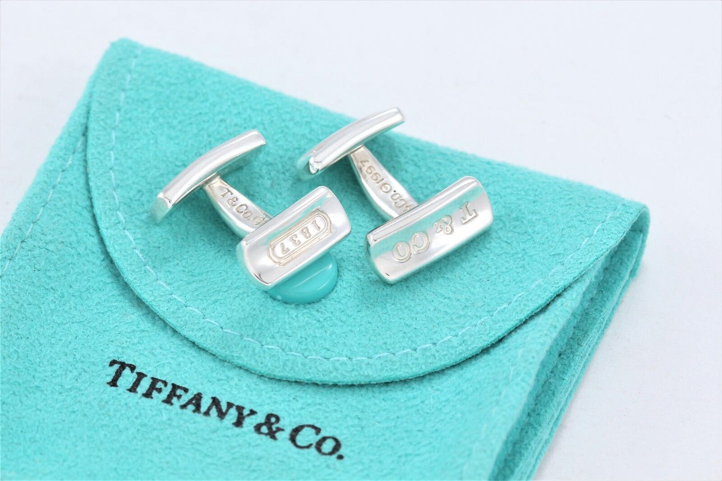 Tiffany & Co Sterling Silver Iconic 1837 Bar Cufflinks & Pouch Men's Suit Gift