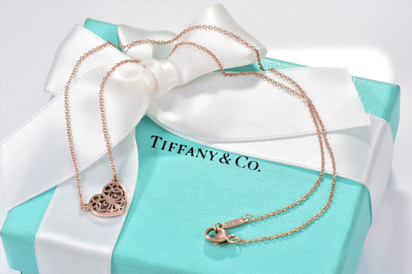 Tiffany & Co Rubedo Gold Metal Enchant Scroll Small Heart 16" Necklace in Pouch