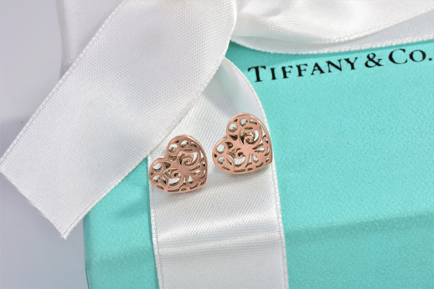 Tiffany & Co Rubedo Gold Metal Enchant Heart Stud Earrings in Box Pouch Rare