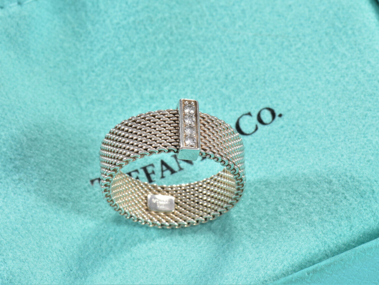 Tiffany & Co Silver 4 Diamond Somerset Wide Firm Mesh Ring Size 5.5 in Pouch