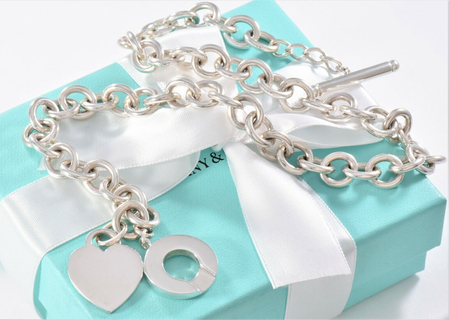 Tiffany & Co Silver Blank Heart Tag Engravable Toggle Chain Necklace 16.5" Pouch