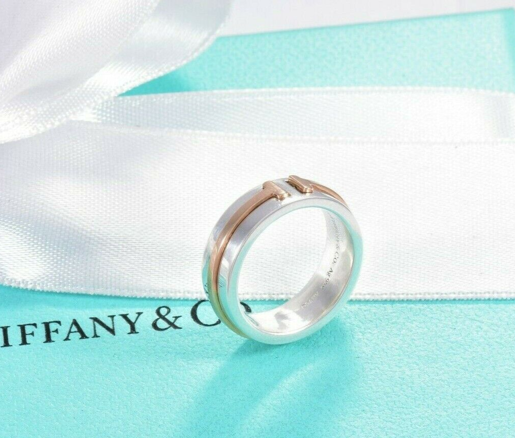 Tiffany & Co Silver 18k Rose Gold T Square 6mm Wide Band Ring Size 4 and Pouch