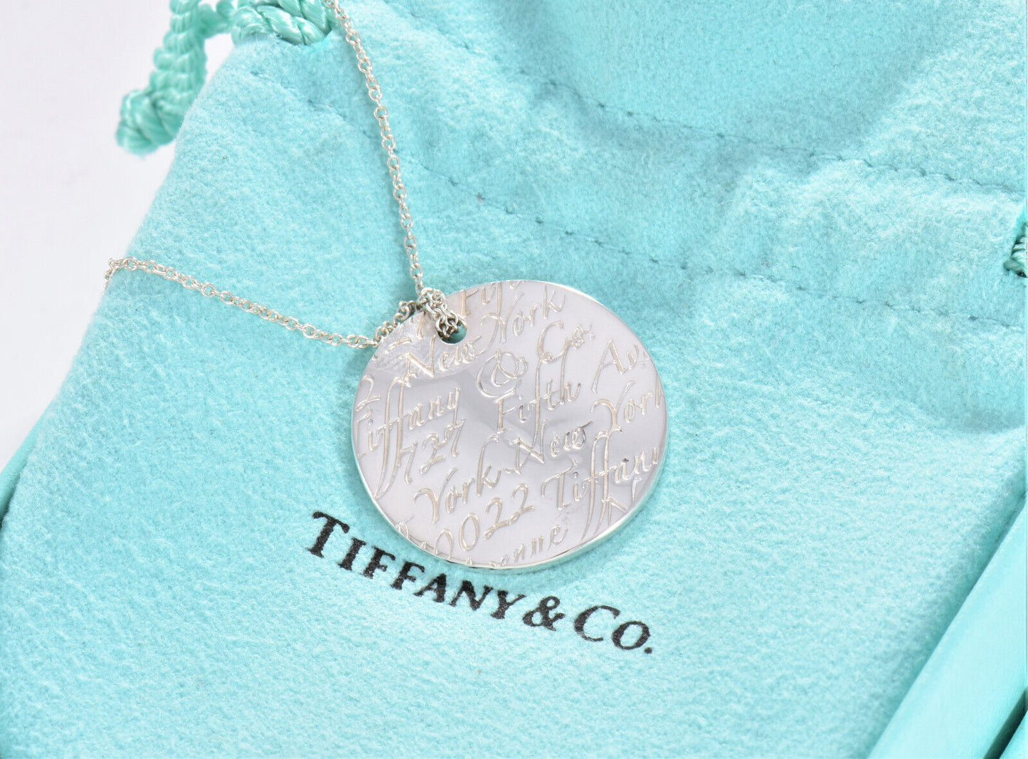 Tiffany & Co Silver NY Address Notes Wavy Round Disk Pendant 16" Necklace Circle