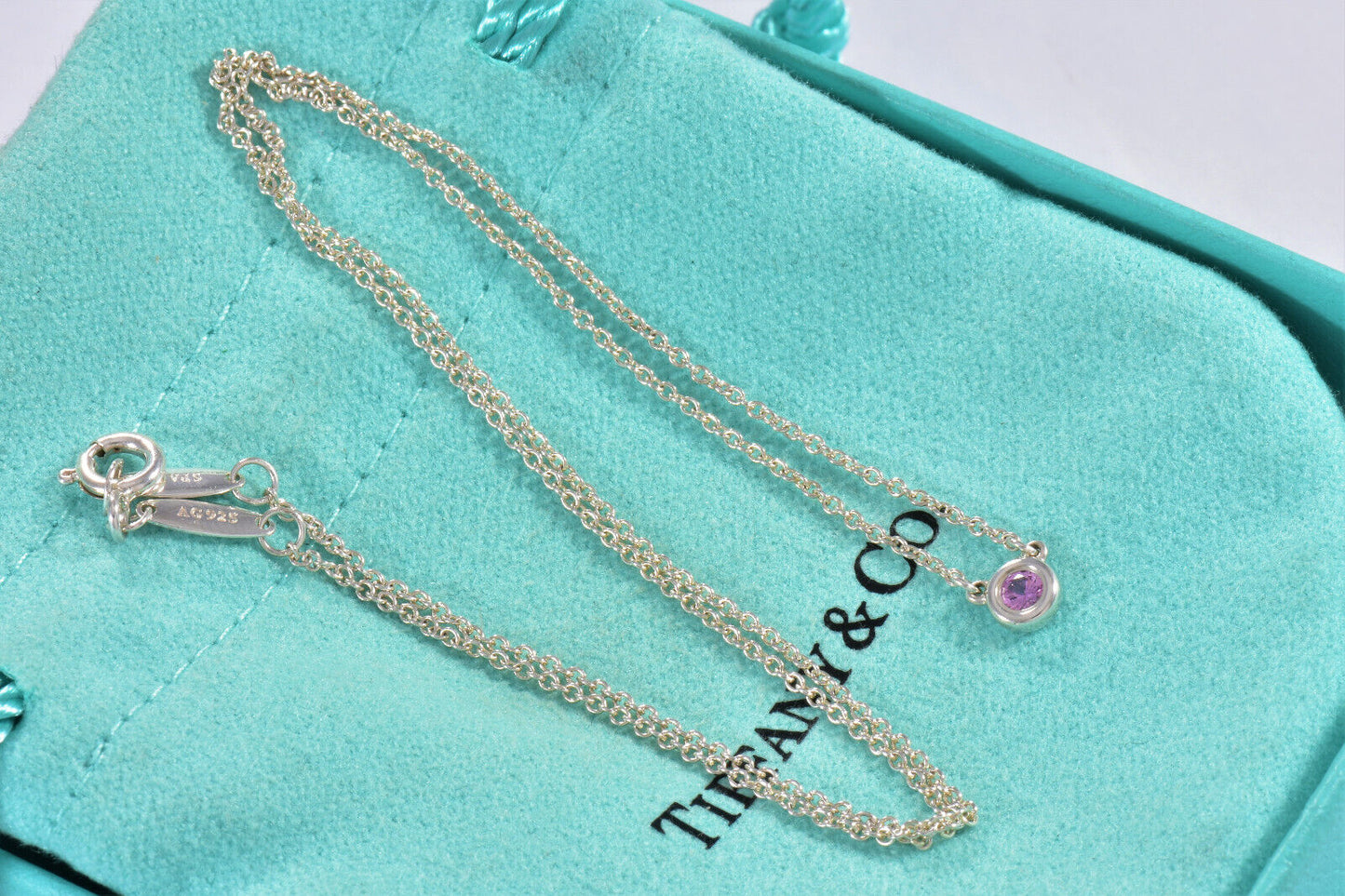 Tiffany & Co Silver Elsa Peretti Color By Yard Pink Sapphire Necklace Box Pouch