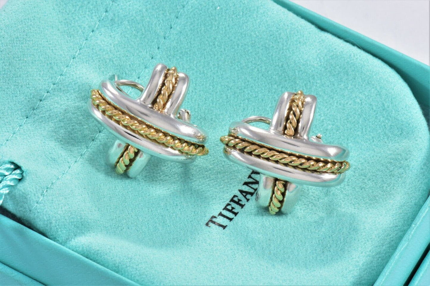 Vintage Tiffany & Co 18kt Gold Silver Signature X Clip Stud Earrings Pouch Rare