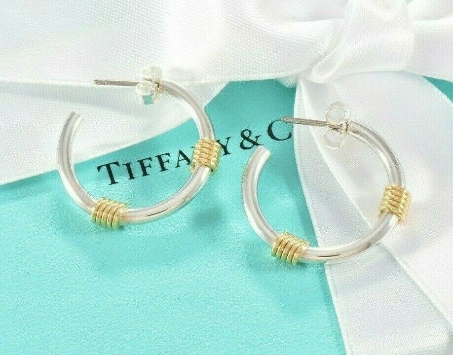 Vintage Tiffany & Co Silver Yellow Gold Coil Cable Wire Hoop Earrings 1.3" Pouch