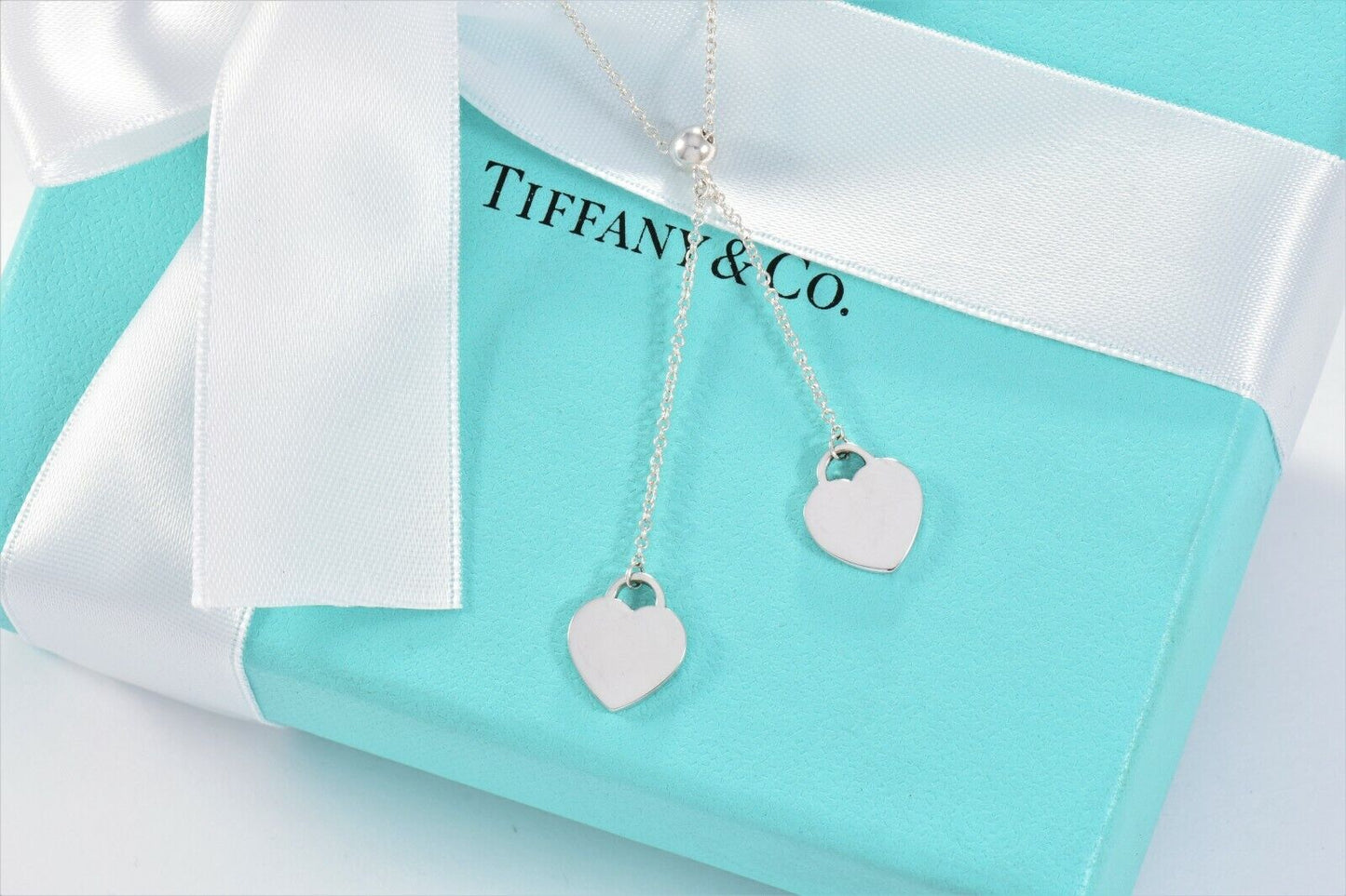 Please Return To Tiffany & Co Silver Double Heart Bead Dangle Pendant Necklace