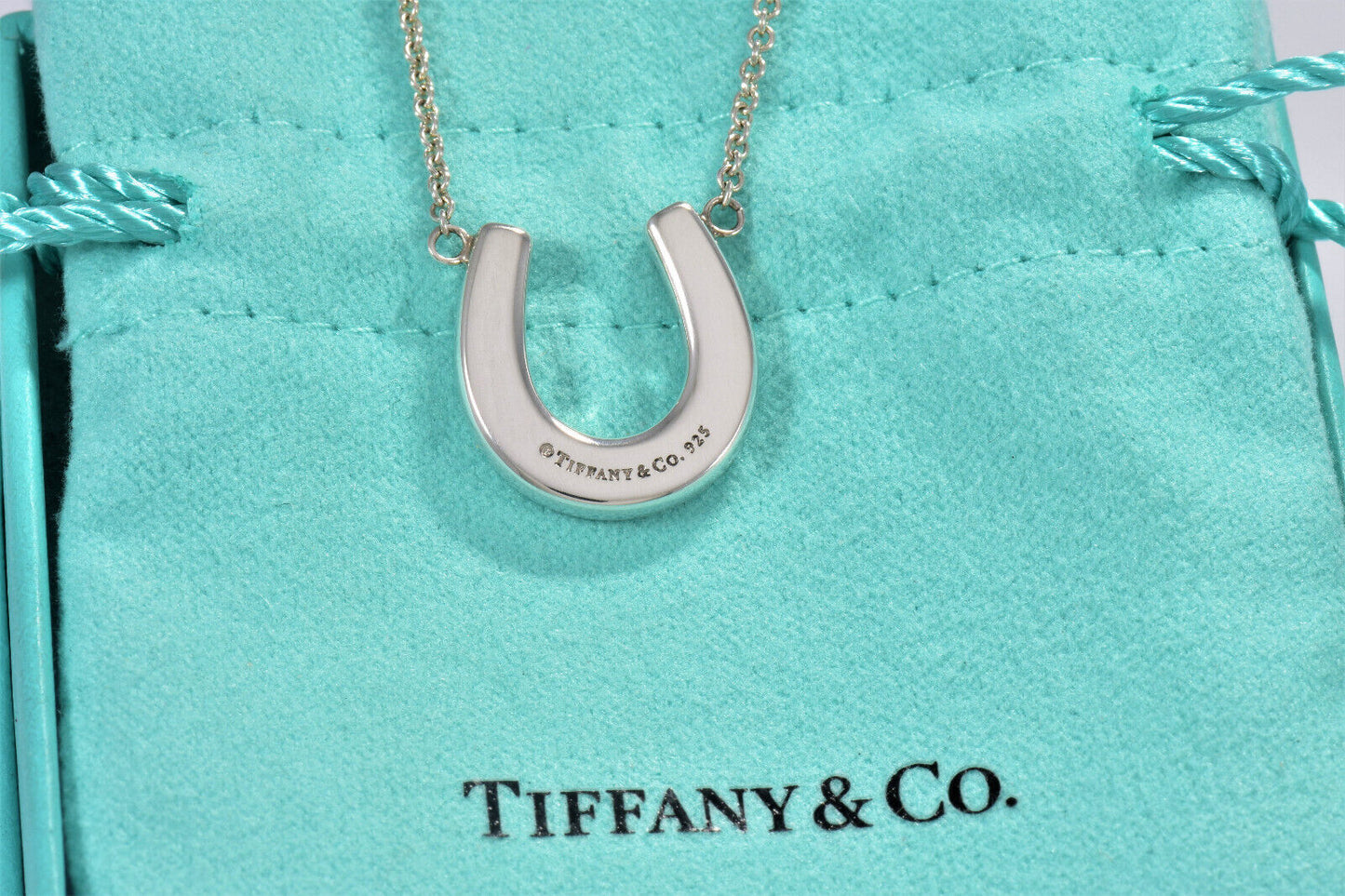 Tiffany & Co Sterling Silver Thick Horseshoe Pendant 16" Necklace in Box Pouch