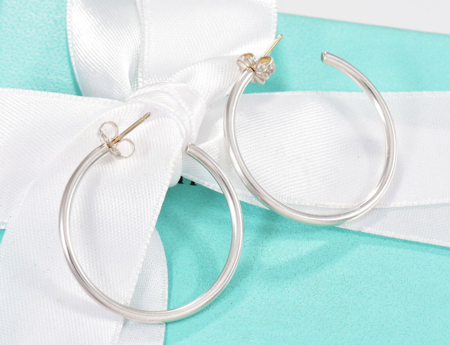 Tiffany & Co Silver 1.25" Large Narrow Tube Hoop Earrings in Box Rare 31mm Bar