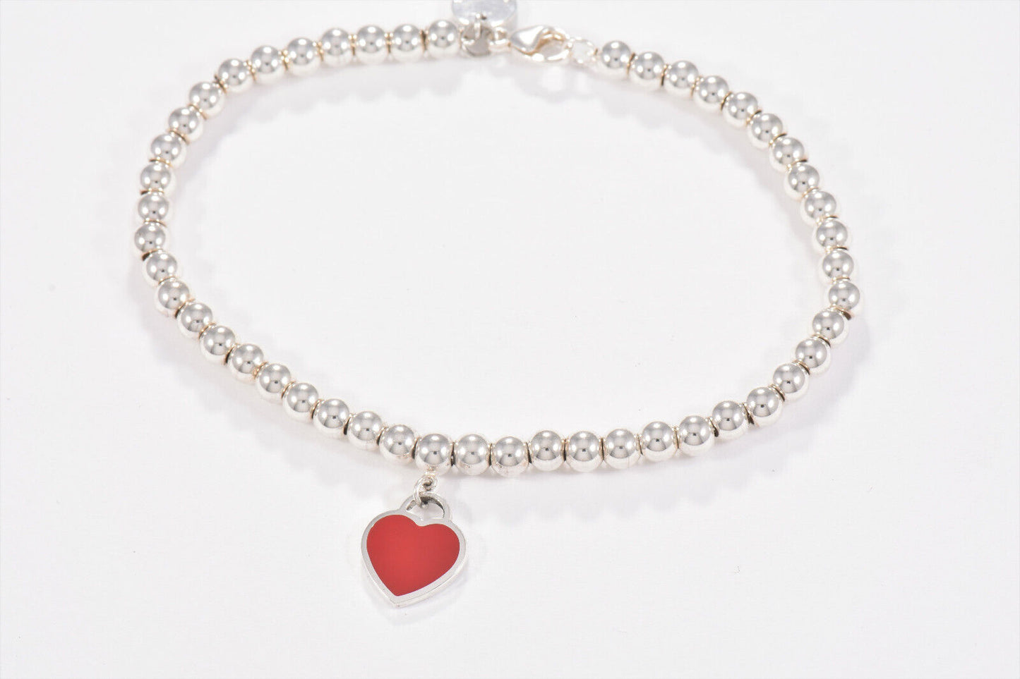 Please Return To Tiffany & Co Silver Red Enamel Heart Charm Bead Bracelet 7"