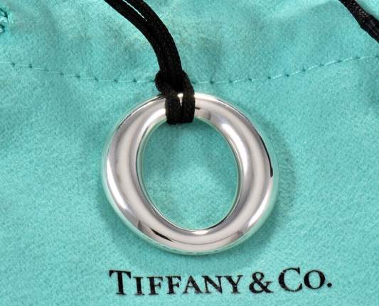 Tiffany & Co Silver Elsa Peretti Sevillana O Pendant Black Silk Necklace & Pouch