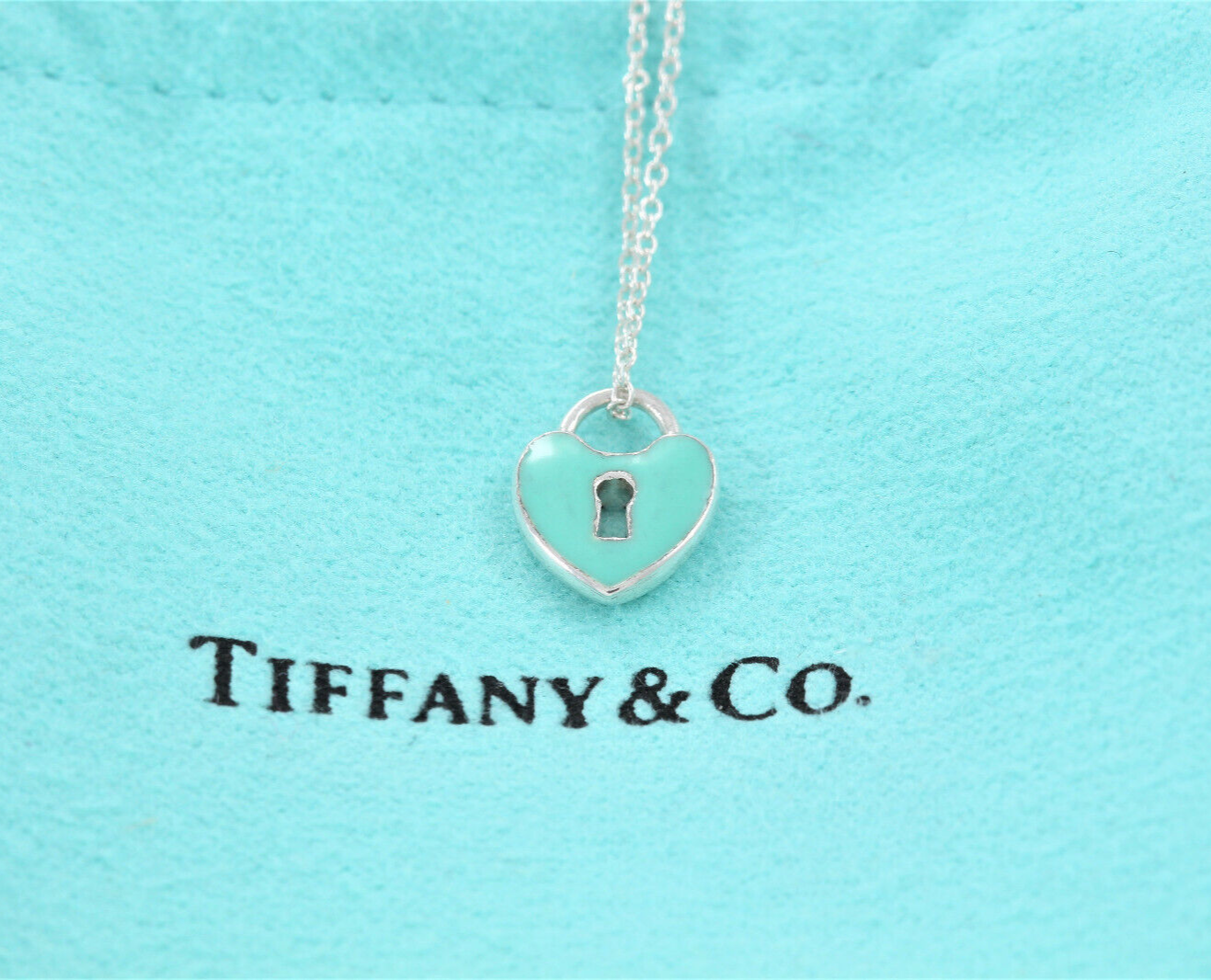 Tiffany & Co Silver Blue Enamel Small Heart Lock 16.5" Necklace in Pouch Keyhole