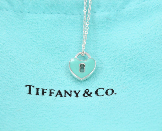 Tiffany & Co Silver Blue Enamel Small Heart Lock 16.5" Necklace in Pouch Keyhole