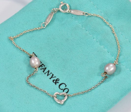 Tiffany & Co Silver Elsa Peretti Open Heart Pink Pearl By Yard 7.6" Bracelet