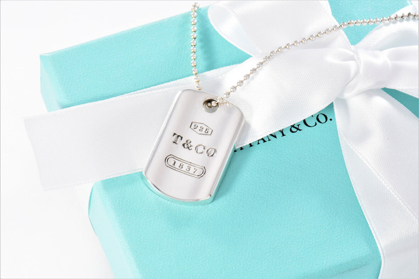 Tiffany & Co Silver 1837 DogTag Pendant 18.25" Bead Chain Necklace in Pouch Mens